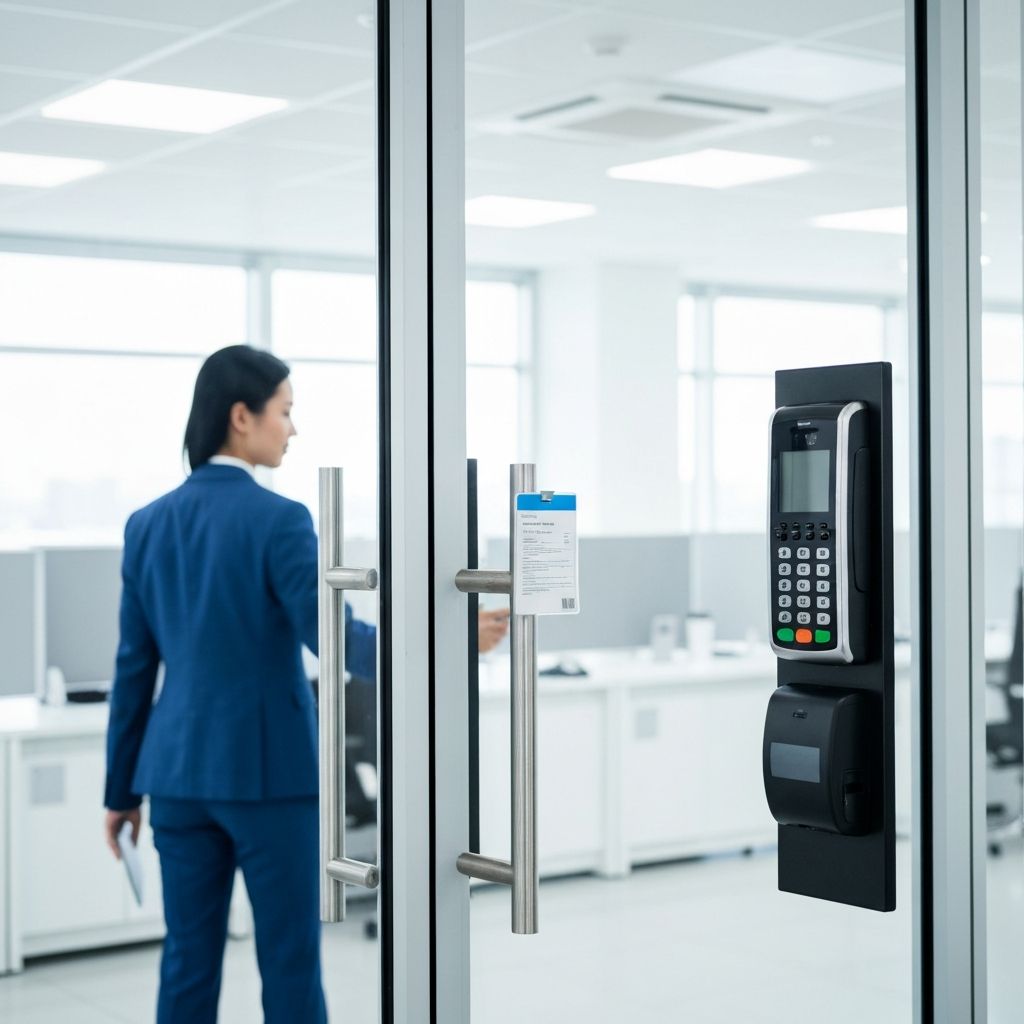 Access control badge reader installed at office entrance in St. Louis